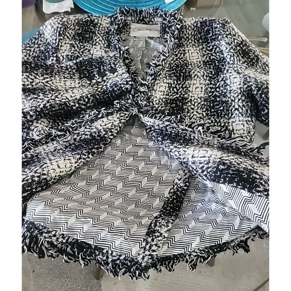 Carol Anderson by Invitation Blazer Jacket Sz 10 Black White Plaid Tweed Fringe - Picture 8 of 16